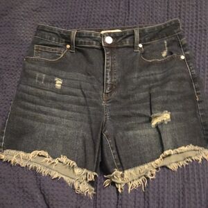 ARULA Dark Denim Frayed Hem Shorts